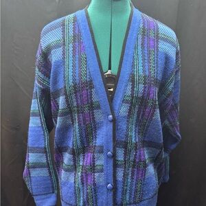 Pendleton Blue Plaid Wool Cardigan with Purple & Teal Stripes